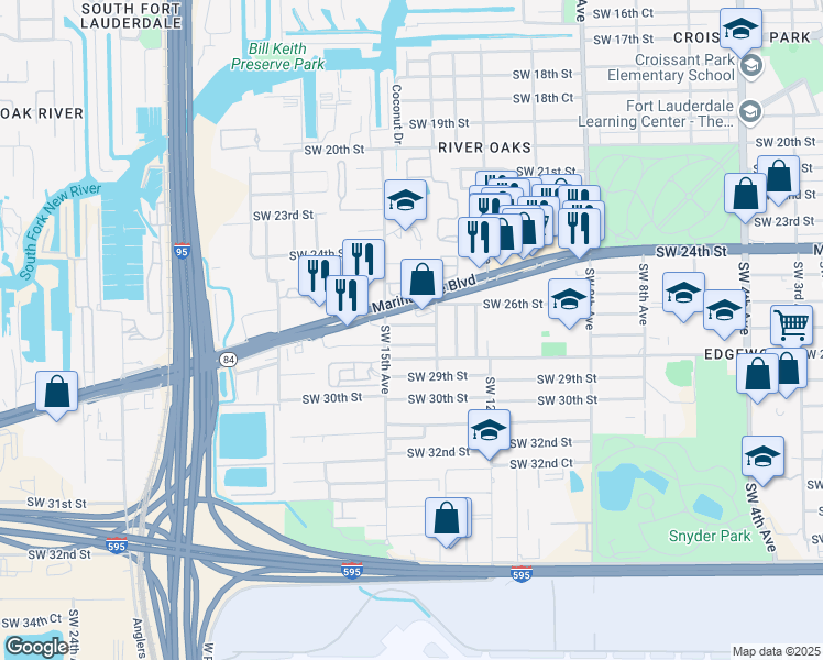 map of restaurants, bars, coffee shops, grocery stores, and more near 1427 Southwest 27th Court in Fort Lauderdale