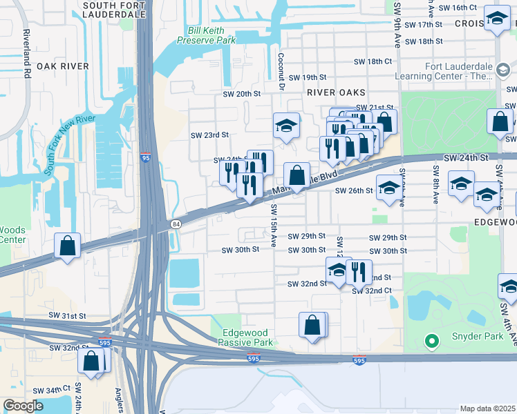 map of restaurants, bars, coffee shops, grocery stores, and more near 1515 Southwest 27th Court in Fort Lauderdale