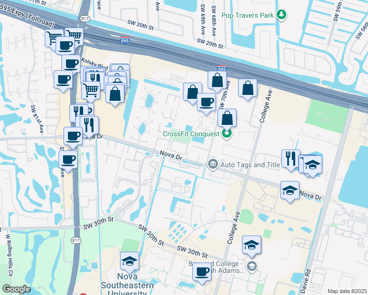 map of restaurants, bars, coffee shops, grocery stores, and more near 7040 Southwest 23rd Street in Davie