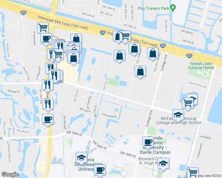 map of restaurants, bars, coffee shops, grocery stores, and more near 7085 Nova Drive in Davie