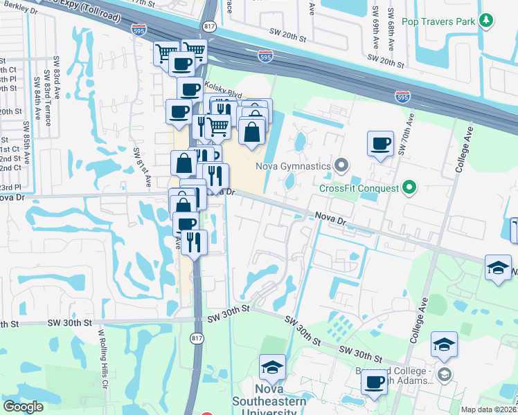 map of restaurants, bars, coffee shops, grocery stores, and more near 7504 Nova Drive in Davie