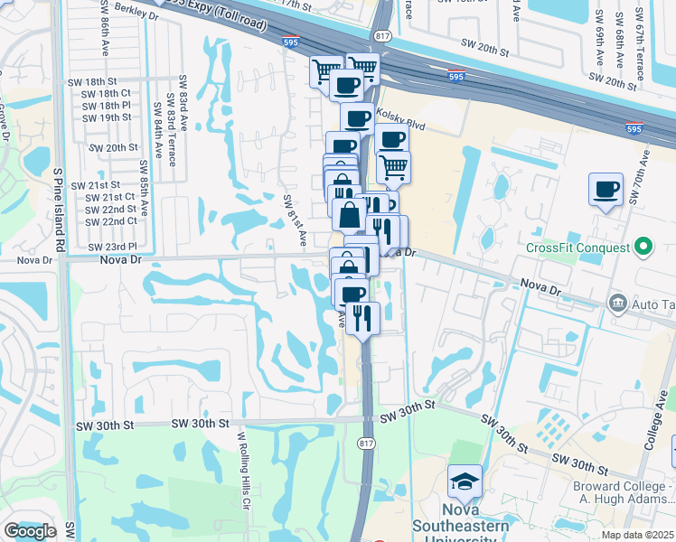 map of restaurants, bars, coffee shops, grocery stores, and more near 2501 Southwest 24th Place in Davie