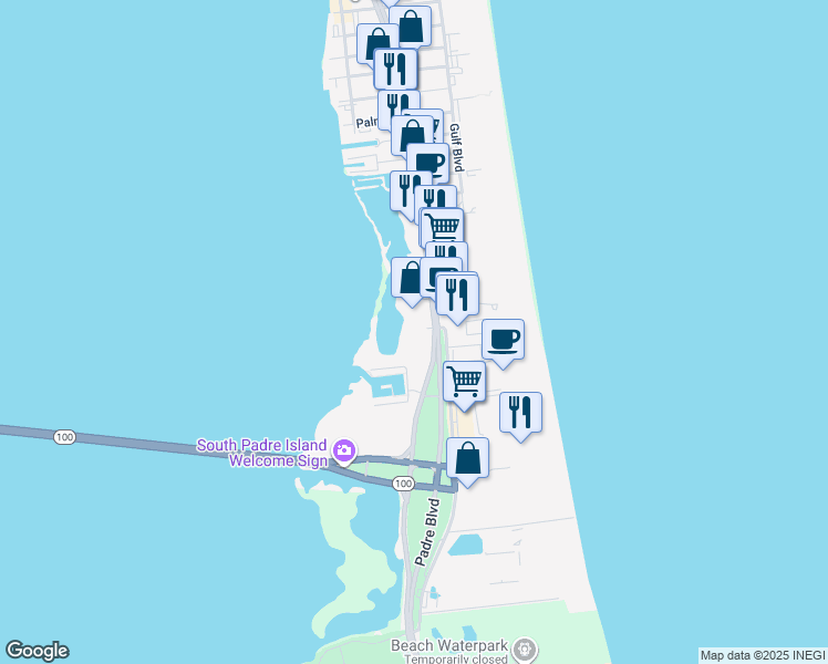 map of restaurants, bars, coffee shops, grocery stores, and more near 709 Padre Boulevard in South Padre Island