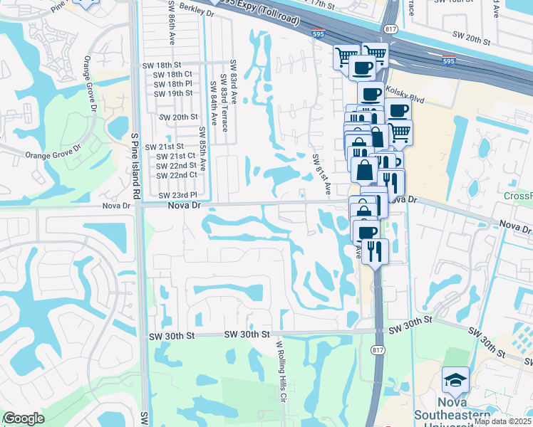 map of restaurants, bars, coffee shops, grocery stores, and more near 2451 Southwest 82nd Avenue in Davie