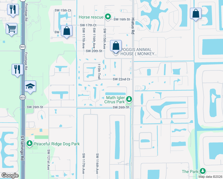 map of restaurants, bars, coffee shops, grocery stores, and more near 11330 Southwest 23rd Place in Davie