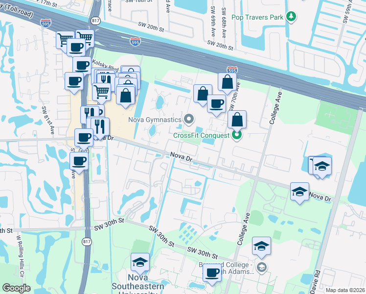map of restaurants, bars, coffee shops, grocery stores, and more near 7085 Nova Drive in Davie