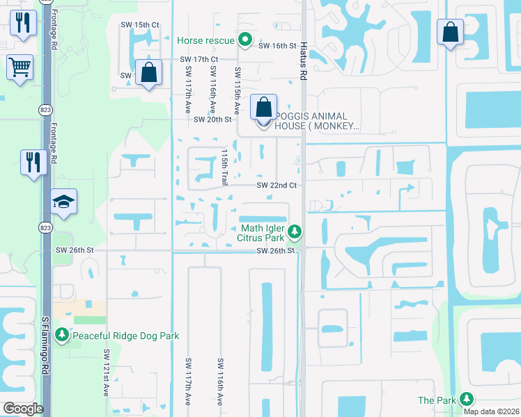 map of restaurants, bars, coffee shops, grocery stores, and more near 11330 Southwest 23rd Place in Davie