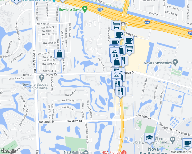 map of restaurants, bars, coffee shops, grocery stores, and more near 452 Southwest 25th Place in Davie