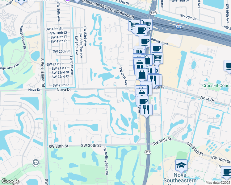 map of restaurants, bars, coffee shops, grocery stores, and more near 452 Southwest 25th Place in Davie