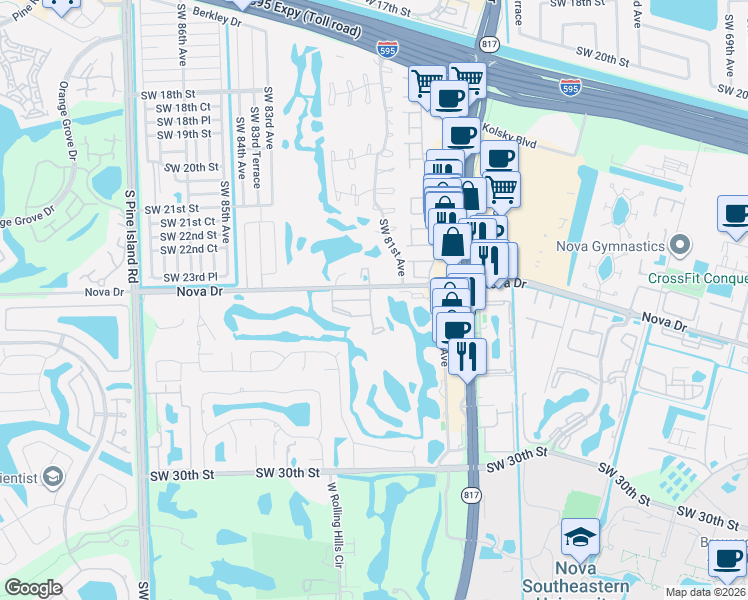 map of restaurants, bars, coffee shops, grocery stores, and more near 2430 Southwest 81st Avenue in Davie