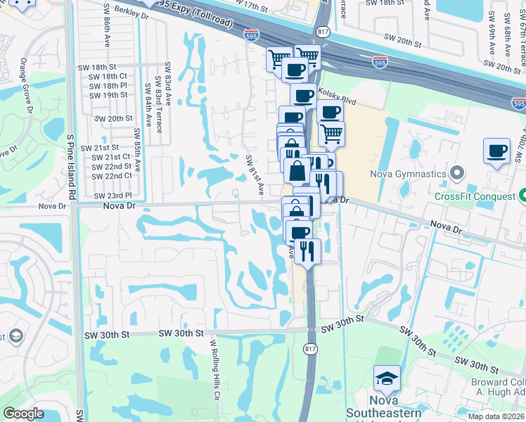 map of restaurants, bars, coffee shops, grocery stores, and more near 2571 Southwest 79th Avenue in Davie