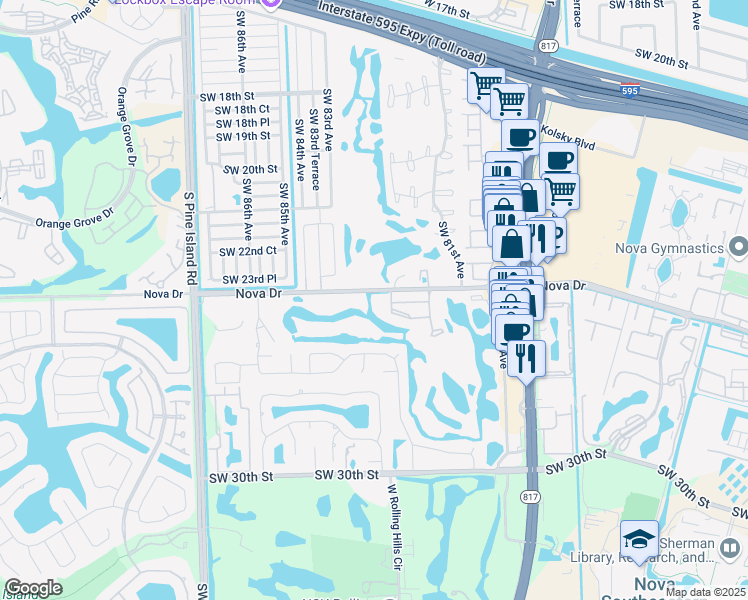 map of restaurants, bars, coffee shops, grocery stores, and more near 2451 Southwest 82nd Avenue in Davie
