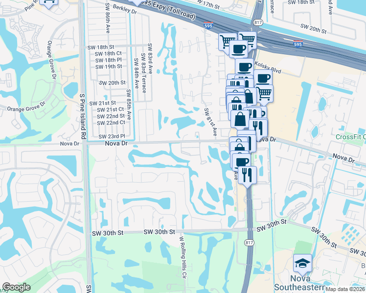 map of restaurants, bars, coffee shops, grocery stores, and more near 2451 Southwest 82nd Avenue in Davie