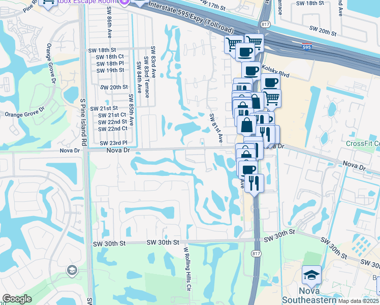 map of restaurants, bars, coffee shops, grocery stores, and more near 8141 Southwest 24th Court in Davie