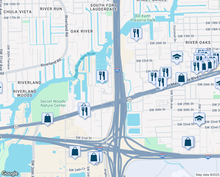 map of restaurants, bars, coffee shops, grocery stores, and more near 2525 Marina Bay Drive East in Fort Lauderdale