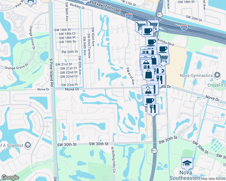 map of restaurants, bars, coffee shops, grocery stores, and more near 2451 Southwest 82nd Avenue in Davie