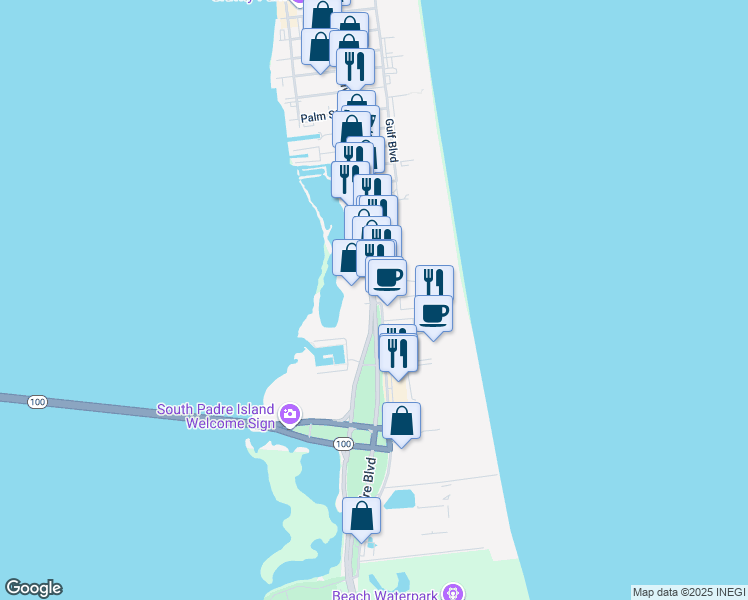 map of restaurants, bars, coffee shops, grocery stores, and more near 610 Padre Boulevard in South Padre Island