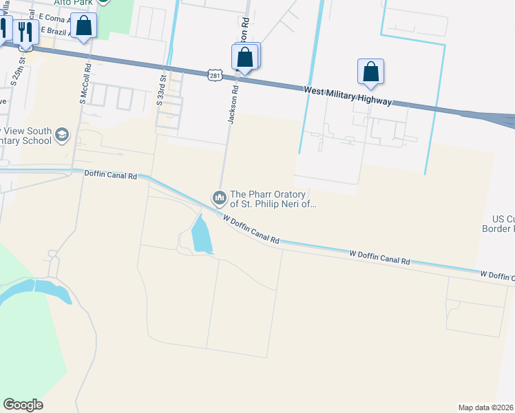 map of restaurants, bars, coffee shops, grocery stores, and more near Doffin Canal Road in Pharr