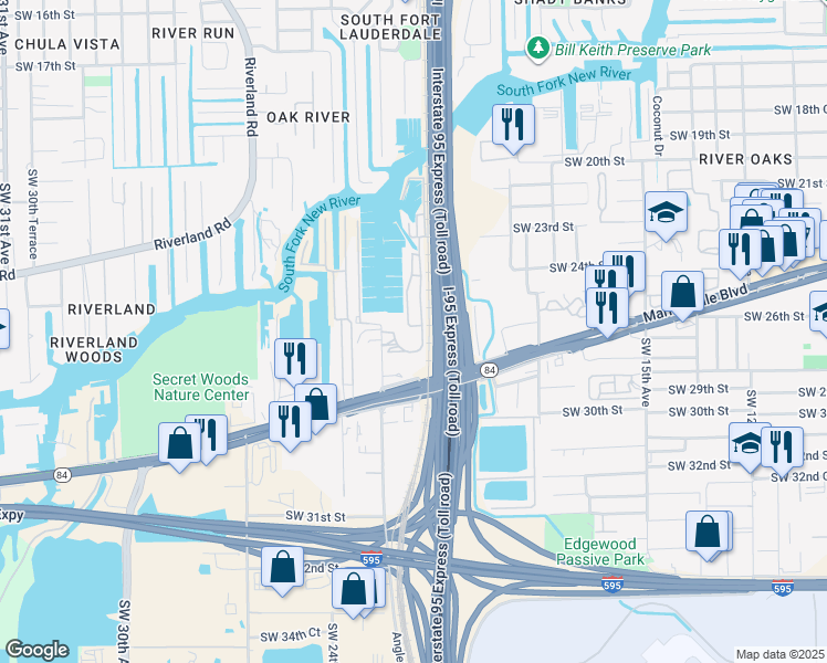 map of restaurants, bars, coffee shops, grocery stores, and more near 2525 Marina Bay Drive East in Fort Lauderdale