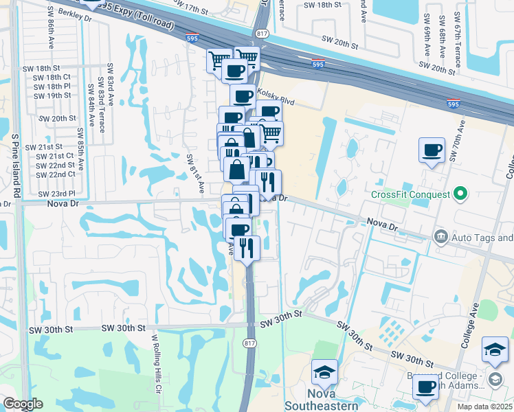 map of restaurants, bars, coffee shops, grocery stores, and more near 2400 South University Drive in Davie