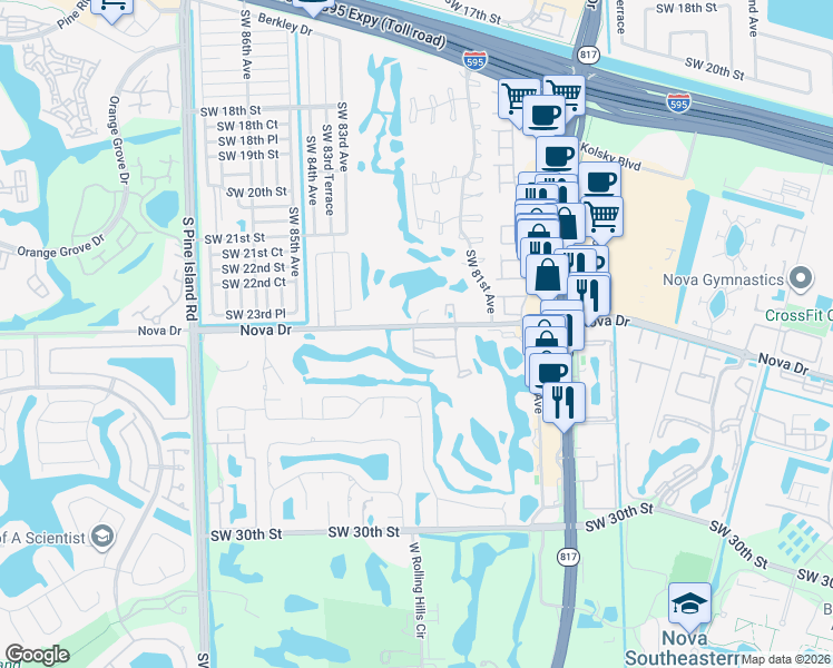 map of restaurants, bars, coffee shops, grocery stores, and more near 2451 Southwest 82nd Avenue in Davie