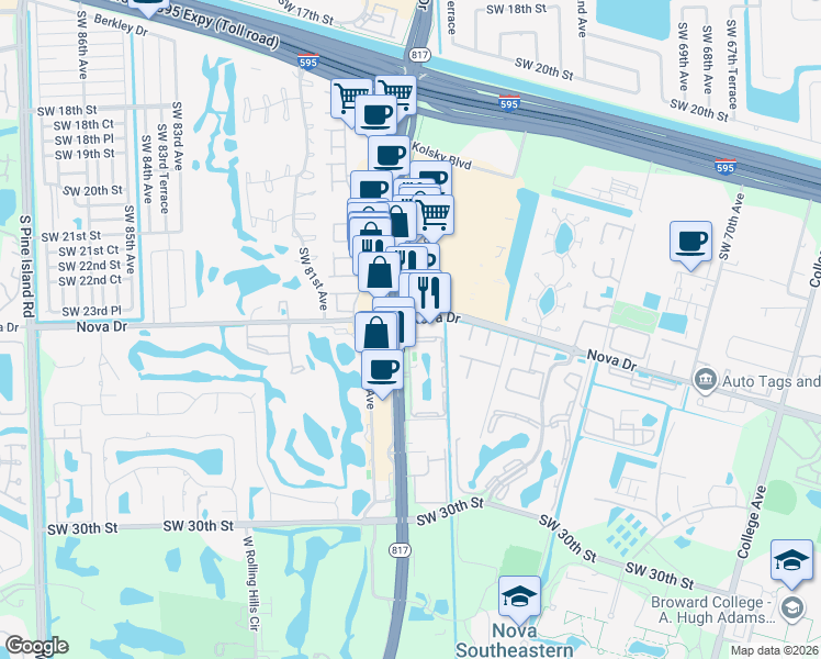 map of restaurants, bars, coffee shops, grocery stores, and more near 2400 South University Drive in Davie