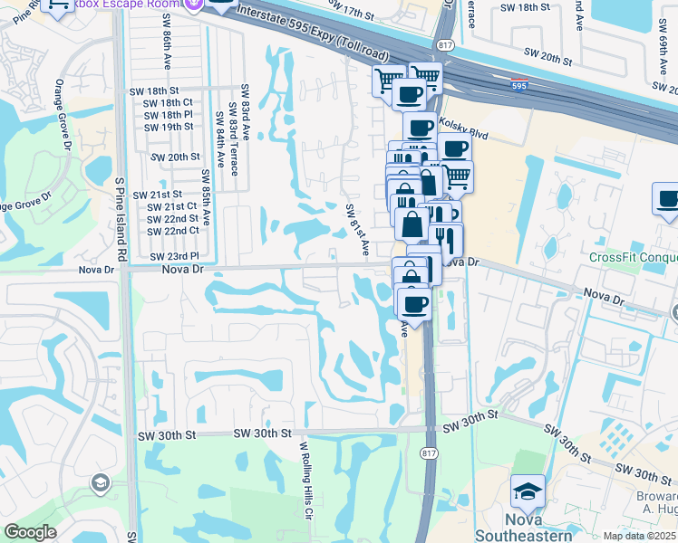 map of restaurants, bars, coffee shops, grocery stores, and more near 8149 Southwest 24th Street in Davie