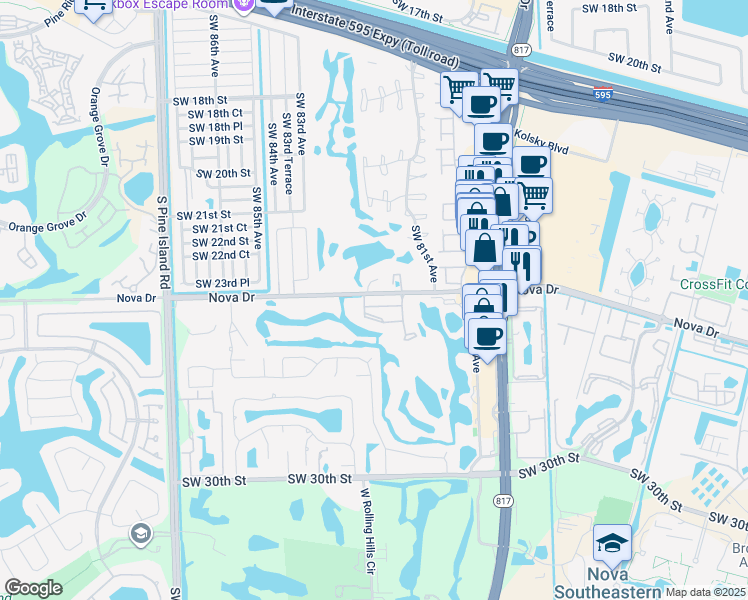 map of restaurants, bars, coffee shops, grocery stores, and more near 8149 Southwest 24th Street in Davie