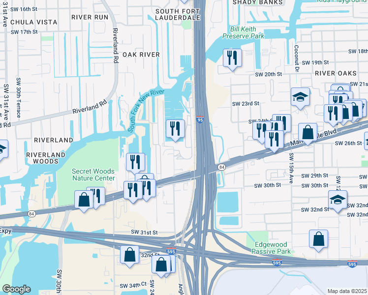 map of restaurants, bars, coffee shops, grocery stores, and more near 2525 Marina Bay Drive West in Fort Lauderdale