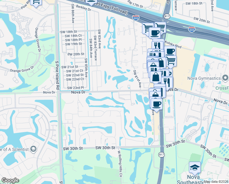 map of restaurants, bars, coffee shops, grocery stores, and more near 8191 Southwest 24th Street in Davie
