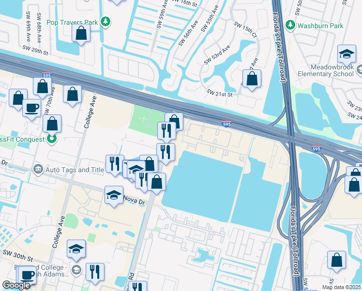 map of restaurants, bars, coffee shops, grocery stores, and more near 6300 Southwest 24th Place in Davie