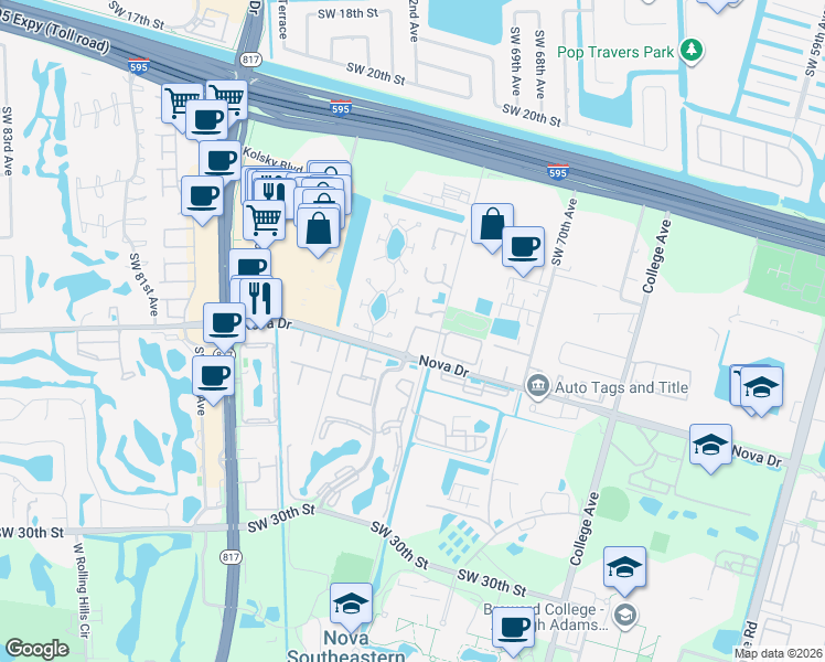 map of restaurants, bars, coffee shops, grocery stores, and more near 7196 Southwest 22nd Place in Davie