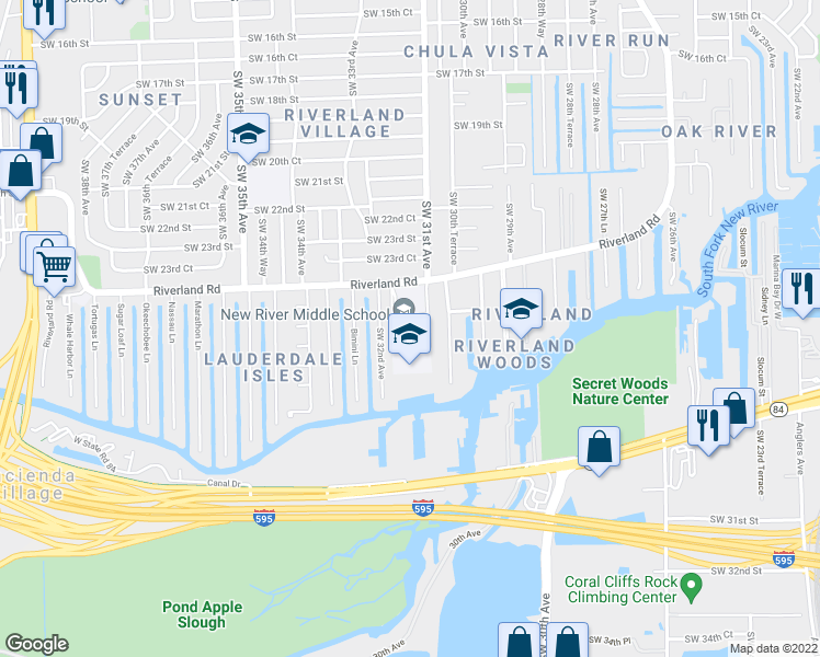 map of restaurants, bars, coffee shops, grocery stores, and more near 3100 Riverland Road in Fort Lauderdale