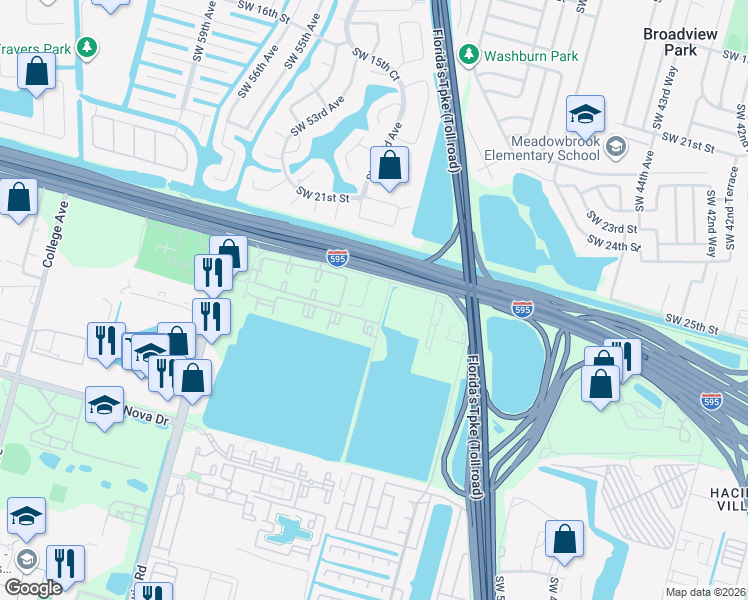 map of restaurants, bars, coffee shops, grocery stores, and more near 1500 Reese Road in Davie