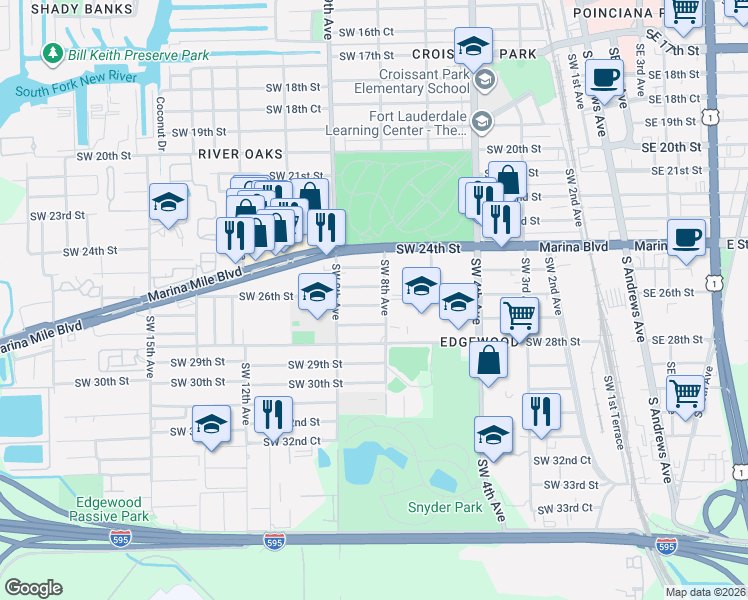 map of restaurants, bars, coffee shops, grocery stores, and more near 800 Southwest 26th Street in Fort Lauderdale