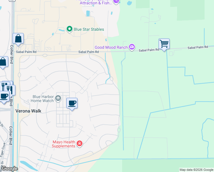 map of restaurants, bars, coffee shops, grocery stores, and more near 7677 Sicilia Court in Naples