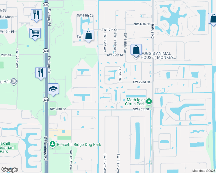 map of restaurants, bars, coffee shops, grocery stores, and more near 11651 Southwest 22nd Court in Davie