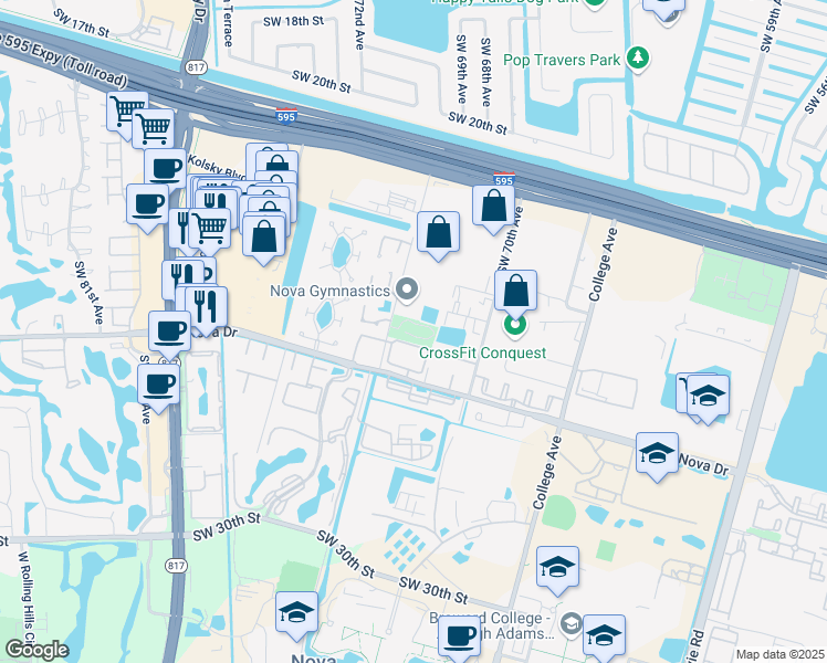 map of restaurants, bars, coffee shops, grocery stores, and more near 2300 Southwest 71st Terrace in Davie