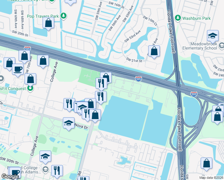 map of restaurants, bars, coffee shops, grocery stores, and more near 6300 Southwest 24th Place in Davie