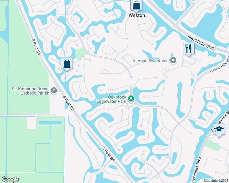 map of restaurants, bars, coffee shops, grocery stores, and more near 2574 Mayfair Lane in Weston