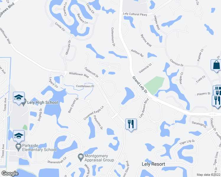 map of restaurants, bars, coffee shops, grocery stores, and more near 6666 Alden Woods Circle in Naples