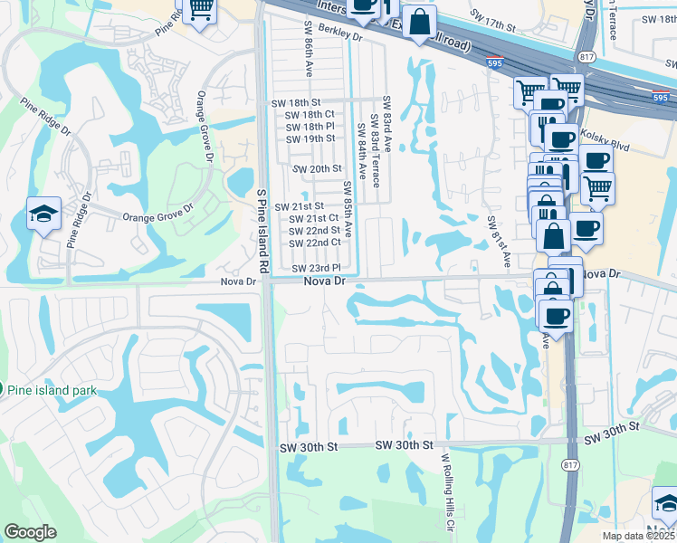 map of restaurants, bars, coffee shops, grocery stores, and more near 8540 Southwest 23rd Place in Davie