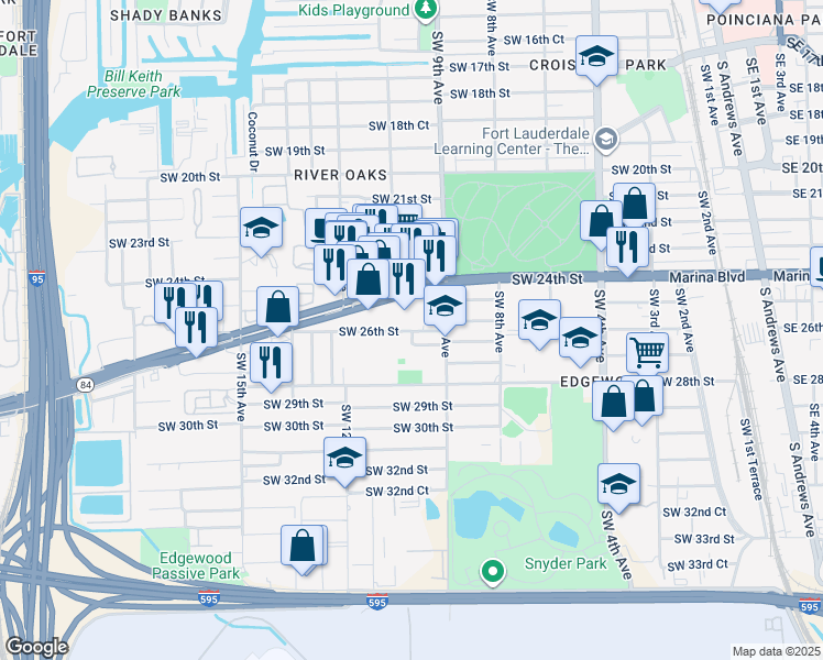 map of restaurants, bars, coffee shops, grocery stores, and more near 915 Southwest 26th Street in Fort Lauderdale