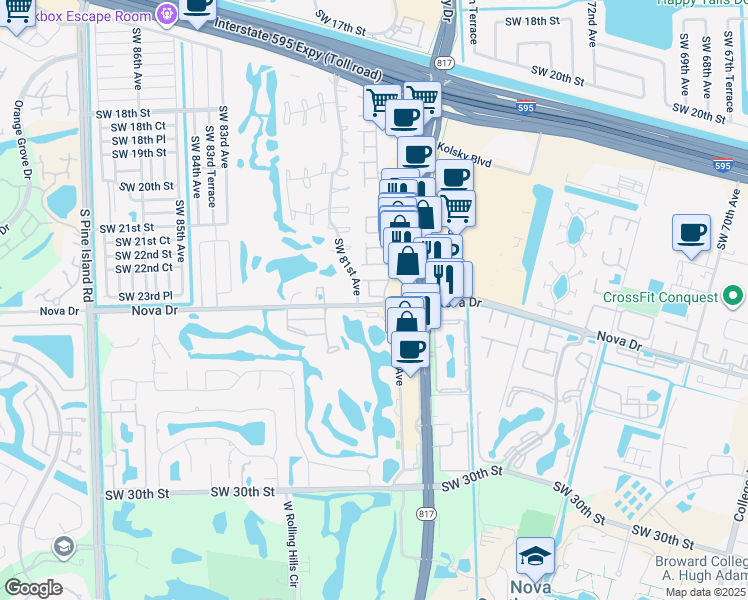 map of restaurants, bars, coffee shops, grocery stores, and more near 16 South Valencia Drive in Davie