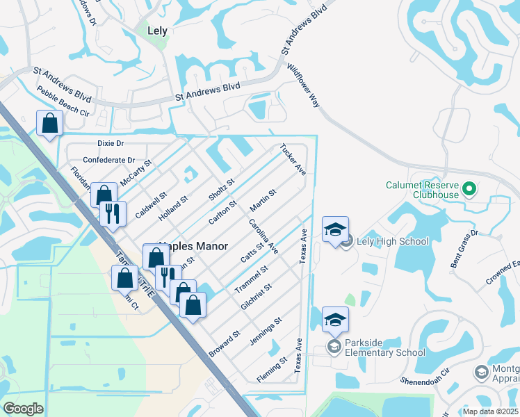 map of restaurants, bars, coffee shops, grocery stores, and more near 5430 Martin Street in Naples