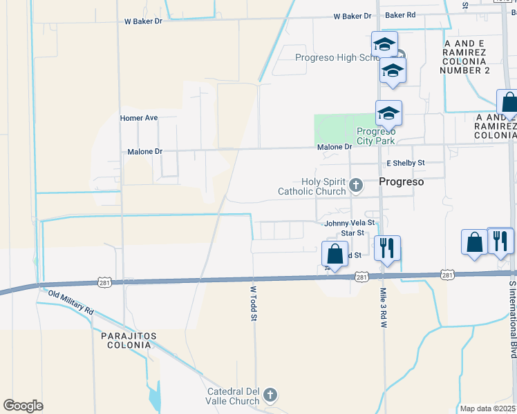 map of restaurants, bars, coffee shops, grocery stores, and more near 813 Watts Avenue in Progreso Lakes