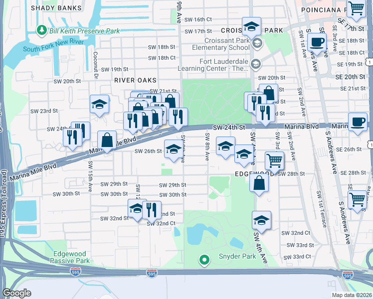 map of restaurants, bars, coffee shops, grocery stores, and more near 2600 Southwest 9th Avenue in Fort Lauderdale