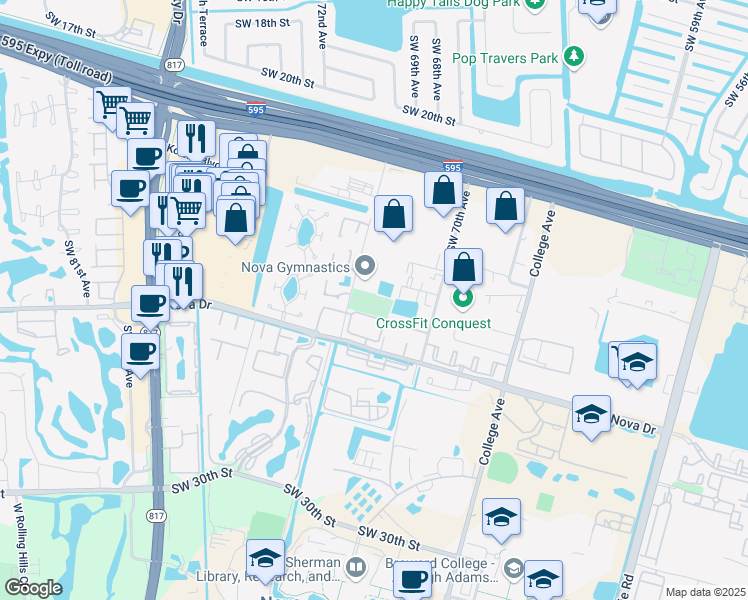 map of restaurants, bars, coffee shops, grocery stores, and more near 2300 Southwest 71st Terrace in Davie