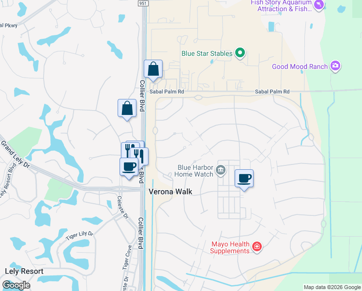 map of restaurants, bars, coffee shops, grocery stores, and more near 7299 Carducci Court in Naples