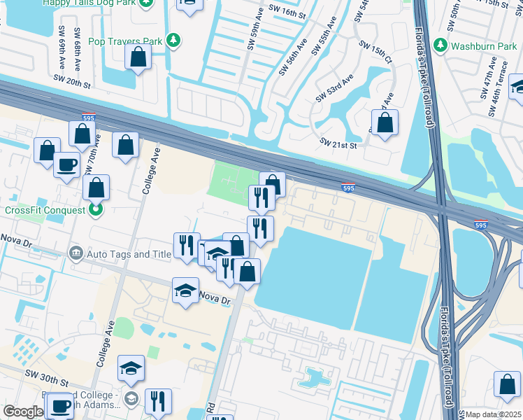 map of restaurants, bars, coffee shops, grocery stores, and more near 2409 Southwest 64th Avenue in Davie